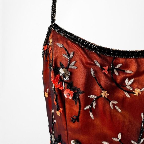 Vintage Y2K Orange Silk Brown Floral Beaded Mesh Bodycon Maxi Prom Dress Size M - Picture 8 of 8